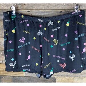 Women's Plus Sz 2X (18-20W) Black With Tennis Rackets Sleep Shorts With Pockets